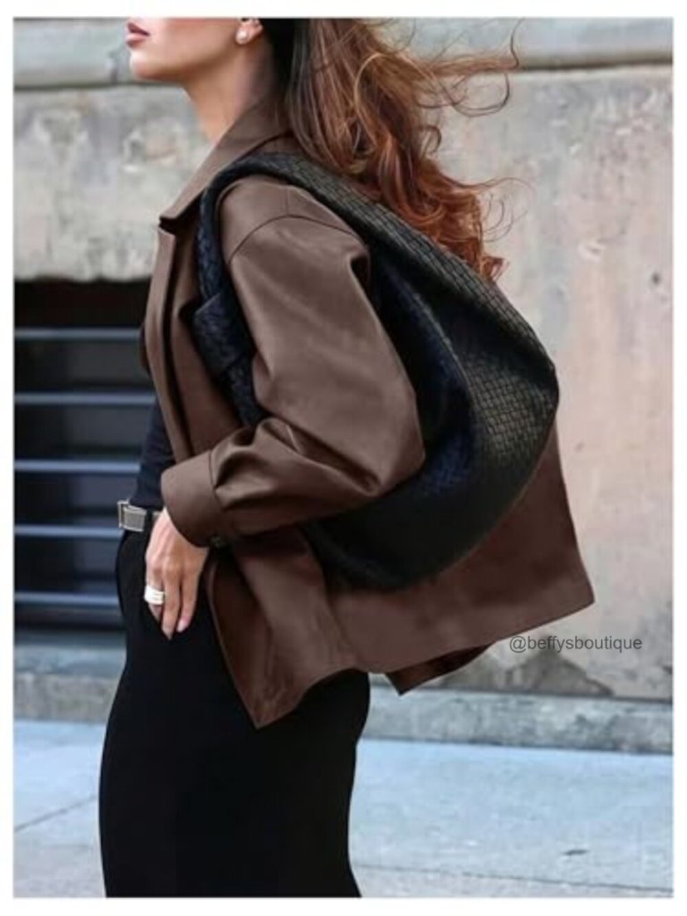 Faux Leather Lapel Collar Blazer Open Front Oversized Business Work Jacket - Picture 2 of 4